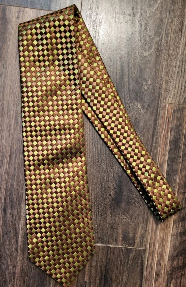 Ted Baker 100% Silk Tie Brown Green Woven Check USA Made - Image 1 of 4