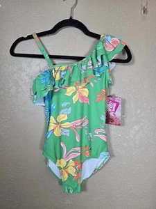 Kanu Surf Girls' Morgan Floral Ruffle 1-Shoulder Swimsuit, Spring Green 12 - Picture 1 of 4