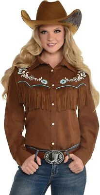 Cowgirl Fringe Shirt Brown Western Fancy Dress Halloween Adult Costume Accessory - Image 1 of 2