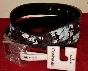 NWT S CALVIN KLEIN REVERSIBLE BROWN & BLUE FLORAL BELT SILVERTONE BUCKLE $42 - Picture 1 of 12