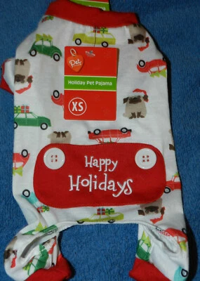 XS 多色棉质狗睡衣 ~ 节日快乐 ~ 两个白色纽扣 ~ 汽车 ~ 全新 — 第 1/3 张图片