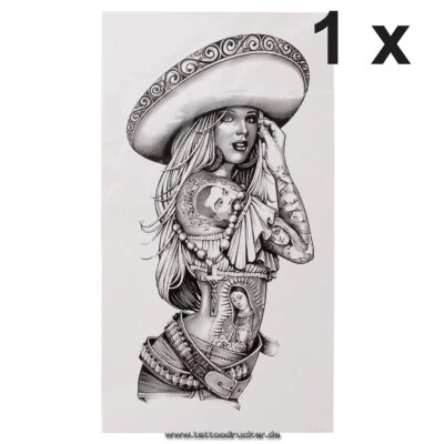 TATTOODRUCKER 1 x Mexican Tattooed Girl - Cross Mary Hat - Disposable Tattoo in Black A1240 (1)