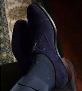 New Handmade Dark Blue Suede Formal Lace Up Dress Shoes For Men, Derby Footwears - Picture 1 of 3