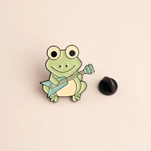 Cute Adorable Green Frog Guitar Music Cartoon Style Pin Brooch Novelty Badge - Picture 1 of 1