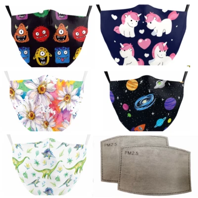 Childrens Reusable Washable Face Mask Unicorn Planets Monsters Dinosaur Flowers - Image 1 of 4