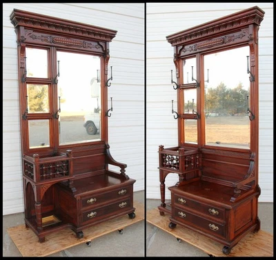 Antiguo banco de asiento de pasillo con palo y bola de cerezo de nogal ornamentado de 48" W 4 espejos 2 cajones Foto 1 de 4