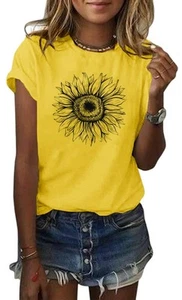 Women's T Shirts Short Sleeve Tees Sunflower Graphic Loose Summer Tops - Picture 1 of 5