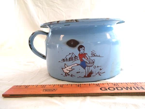 Vintage Blue Enamelware Handled Child's Chamber Pot Made In Germany Boy & Goose - Picture 1 of 14