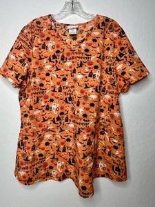 Scrubstar Halloween Cartoon Scrub Top Size L Ghosts Candy Stretch Spiders Orange - Picture 1 of 11