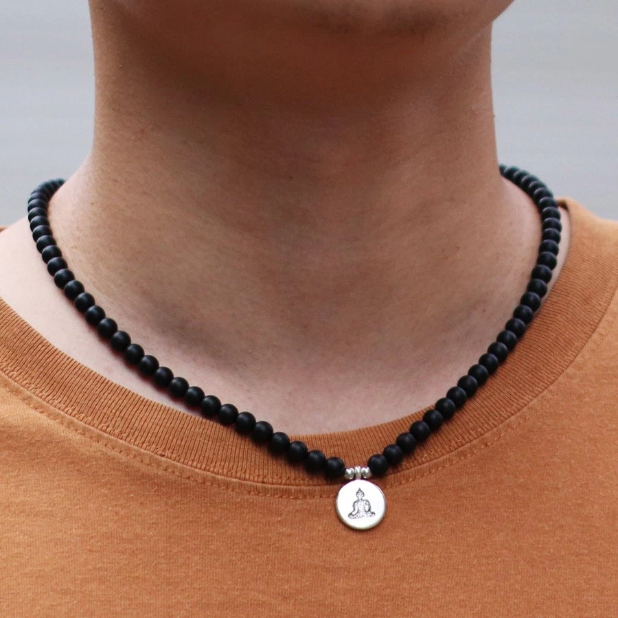 天然石材男式颈圈佛莲花冥想领嘻哈颈圈 — 第 1/4 张图片