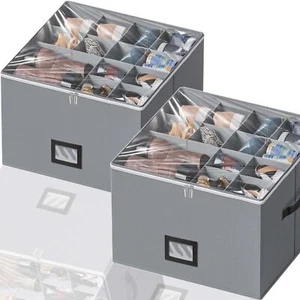 2 Pack Large Shoe Organizer Fabric Storage Boxes with Clear Cover Adjustable NEW - Picture 1 of 7