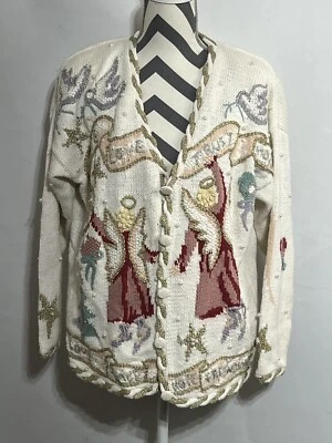 Cárdigan Punto Invierno Punto Suéter L Stitches In Time Angels Peace Love Hope Botón L Foto 1 de 4