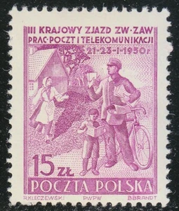 Polen 1950 postfrisch Mi 544 Sc 467 Postbote auf Fahrrad. Kongress der Gewerkschaft PTT ** - Bild 1 von 2