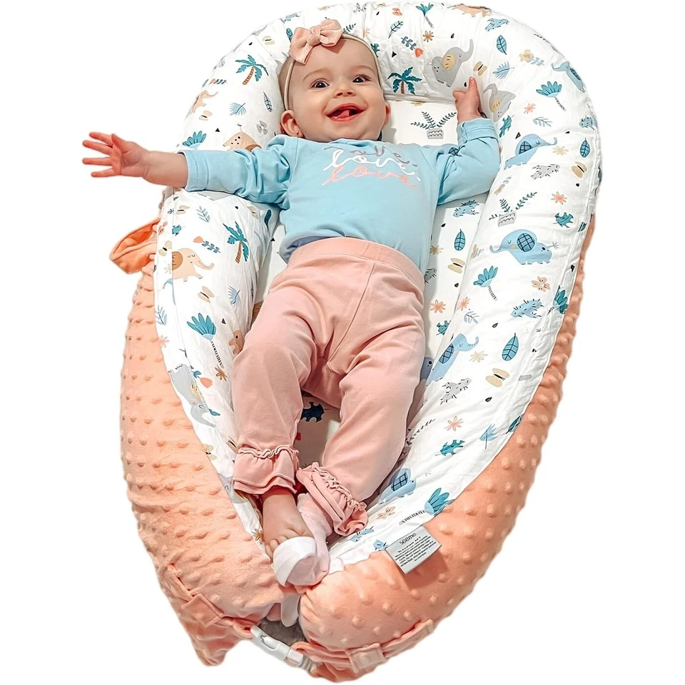 Baby Lounger for Newborn Baby Nest With Pillow Pink Elephant Safari Pattern NEW - Image 1 of 4