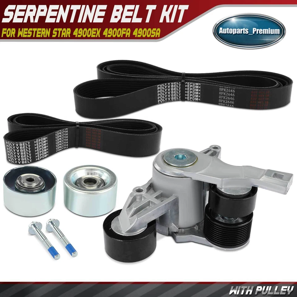 Kit de componentes de transmisión por correa serpentina de 4 piezas para Western Star 4900EX 4900FA 4900SA Foto 1 de 4