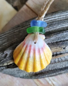 Hawaiian Sunrise Shell & Sea Glass Necklace Sinew Braid Teen Beach Men Gift - Picture 1 of 7