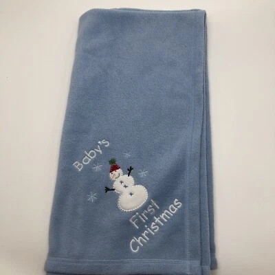 Pottery Barn Kids Baby Blanket First Christmas GIFT Fleece Snowman Blue 30"x40" - Image 1 of 4