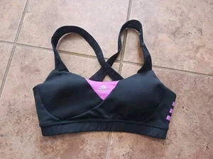 ADIDAS Womens Medium Black Purple 3 Stripe Sports Training Bra Crossback - Picture 1 of 12
