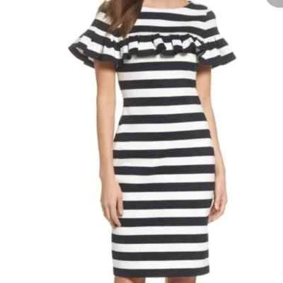 ELIZA J RUFFAL STRIPE SHEATH BLACK/IVORT DRESS SIZE 8 - Image 1 of 4