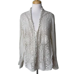 JOHNNY WAS Blusa boho all'uncinetto con bottoni panna media - Foto 1 di 12