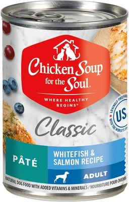 Comida húmeda clásica para perros, paté de salmón y pescado blanco, lata de 13 onzas (paquete de 12) | Soja F Foto 1 de 4