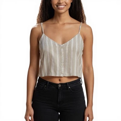 WEEKEND Los Angeles Linen Cami Crop Top Size XL Pumice Cream Striped Tan Smocked - Image 1 of 4