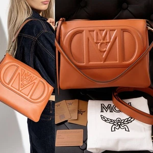 NEW $1,400 MCM Cognac Tan Nappa Leather MODE TRAVIA LOGO Medium 2-Way BAG Italy - Picture 1 of 24