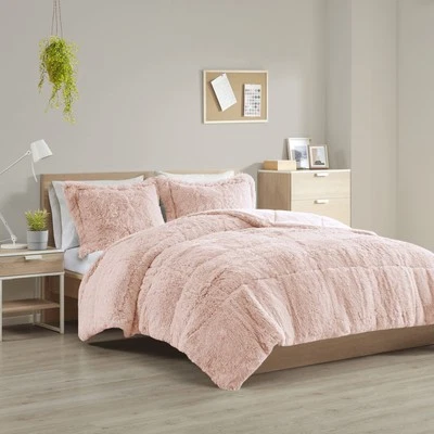 Modern Twin Twin Xl Blush Faux Fur Comforter Set Cozy Shaggy Bedding - Image 1 of 4