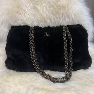CHANEL Lapin Fur Rabbit Fur Chain Tote Bag Shoulder Bag Black Used