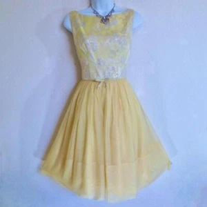 Vintage 60s Cocktail Dress XS Metallic Brocade Bodice Full Chiffon Skirt Yellow - Picture 1 of 11