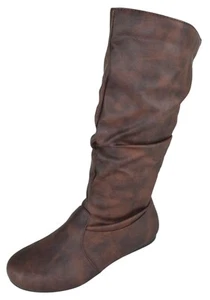 Forever Women Flat Heel Slouchy Mid-Calf Boots Side Zipper SELENA-24 Brown PU - Picture 1 of 4