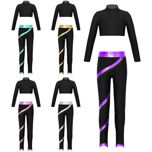 Kids Girls Crop Top With Pants Solid Color Sportswear Jogging Sports Outfits - Picture 1 of 55