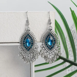 Retro Blue Gemstone Indian Earrings for Women Ethnic Drop Bell Jumka Earrings - Picture 1 of 27