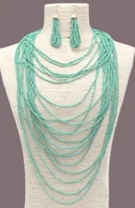 20 STRAND MINT AQUA SEED BEAD EXTRA LONG NECKLACE SET WESTERN NATIVE COWGIRL - Picture 1 of 2