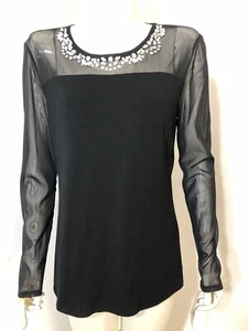 INC New Womens Large Dressy Fancy Top Black Rhinestones Sheer Sleeves Yoke Slim - Picture 1 of 7