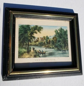 The River Side Mini Print By Currier and Ives Framed 7.5" x 6.5"  152 Nassau St - Picture 1 of 9