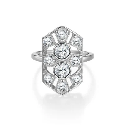 Anillo con panel de zafiro blanco de plata esterlina 925 fina estilo Art Deco para dama talla M Foto 1 de 4