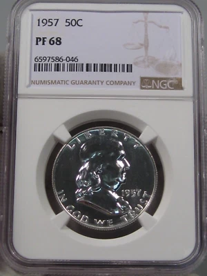 GEM PROOF 1957 Dollaro D'Argento Franklin Mezzo NGC PF68. #8 - Immagine 1 di 4
