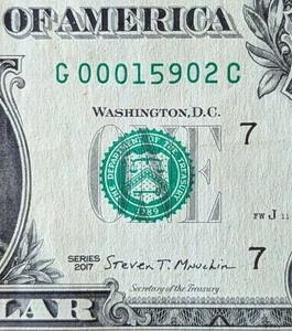 2017 $1 bill fancy lower serial, zip code note 15902. Johnstown, PA - Picture 1 of 3