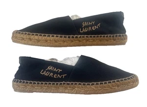 YSL Saint Laurent Blk Canvas Signature Embroidered Espadrilles Flats~39 1/2~$725 - Picture 1 of 14