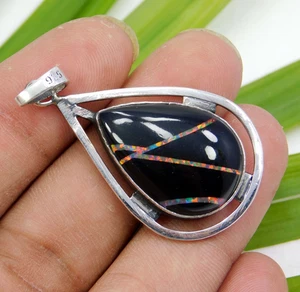 Hermoso colgante de plata de ley 925 37,70 quilates negro ópalo de fuego piedras preciosas joyería - Imagen 1 de 9
