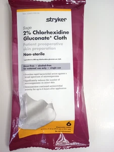 STRYKER 2% CHLORHEXIDINE GULCONATE CLOTHS - CONTAINS 6 DISPOSABLE CLOTHS - Picture 1 of 3