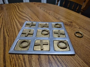 Vintage MCM Tic Tac Toe Game Aluminum Board Brass Pieces 5 X's 5 O's 6.5" x 6.5" - Picture 1 of 18