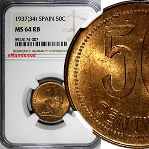 SPAIN II Republic Copper 1937 (34) 50 Centimos NGC MS64 RB KM# 754.1 (007) - Picture 1 of 4