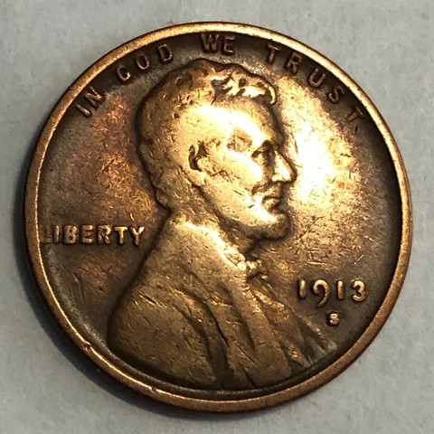 1913-S Lincoln wheat cent, Fine-VF. Old cleaning has somewhat re-toned. #1 Cover