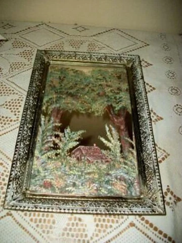 VINTAGE HAND PAINTED MIRROR OIL PAINTING CABIN TREES FILIGREE FRAME VANITY TRAY Cover