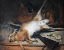 Antique Still Life Pastel Painting, Hare Scene Circa 1900, by Michel Fronti