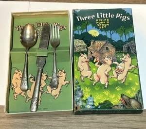 THREE LITTLE PIGS Knife Fork & Spoon Flatware set 1949 Sheffield England w/ box - Picture 1 of 11