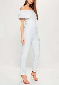 MISSGUIDED White Crepe Frill Bardot Sleeve Jumpsuit (M66/25) - Picture 1 of 3