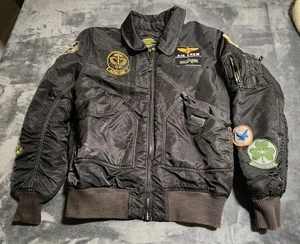 Alpha Industries Inc Bomber Jacket Large Black Flight Patches Full Zip Z* - Picture 1 of 15